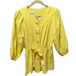 Vtg Byer Women Yellow Talita Elastic Waist Blouse Large Puff Long Sleeve Buttons